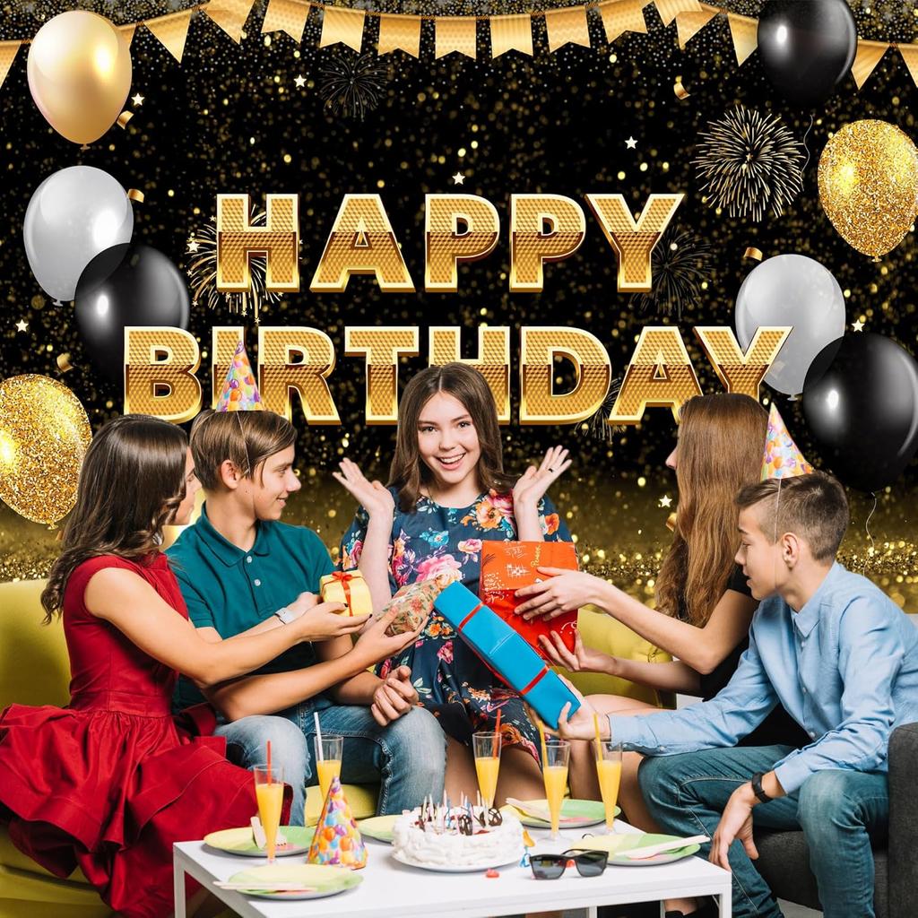 Black Gold Happy Birthday Backdrop Banner Glitter Black Gold Theme Photography Photo Prop Background Decor for Men Women Boys Girls Celebration