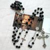 Retro Long for Cross Pendant Necklace Black Crystal Rosary Religious Jewelry