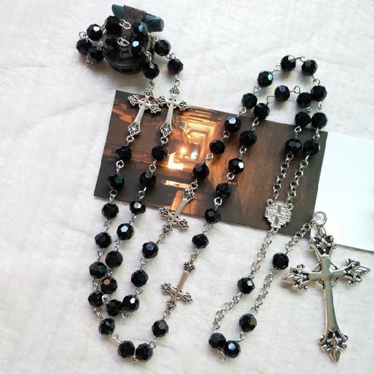 Retro Long for Cross Pendant Necklace Black Crystal Rosary Religious Jewelry