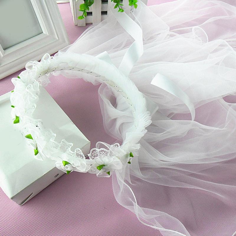 

Flower Girls Veil Headpieces with Pleated Flower Crown Wedding Ring Bearer Veil Long Tulle Bride Wedding Party Supplies