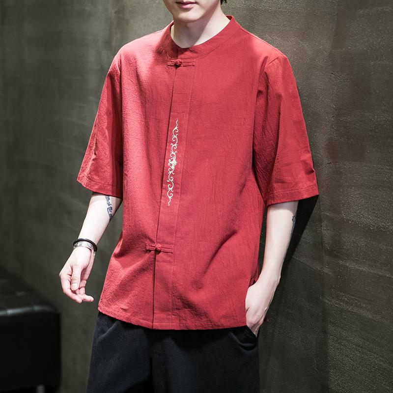 Chinese Style Summer Men's Cotton and Linen Embroidered Short-sleeved Shirt Retro Casual T-shirt