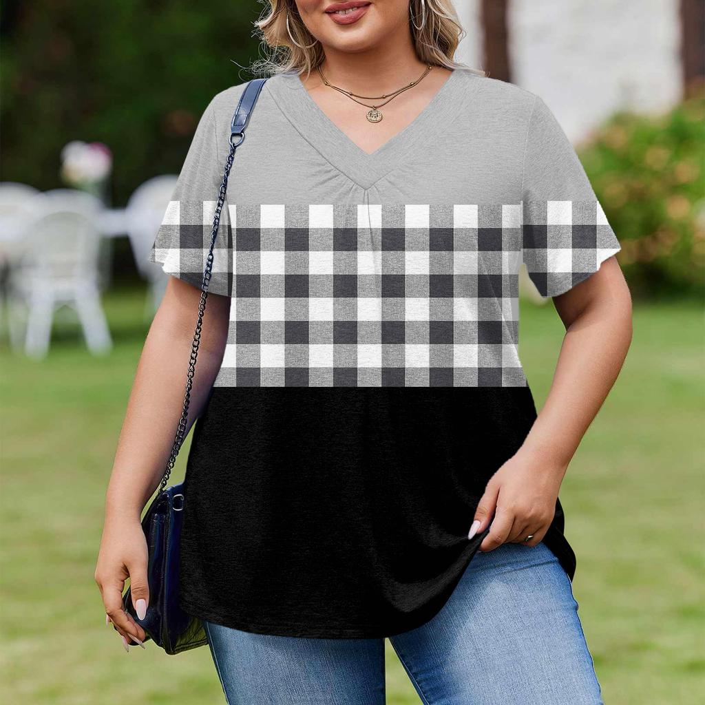 Women's Plus Size Fashionable Casual Loose-Fit Short Sleeve Elegant V Neck Blouse For Work