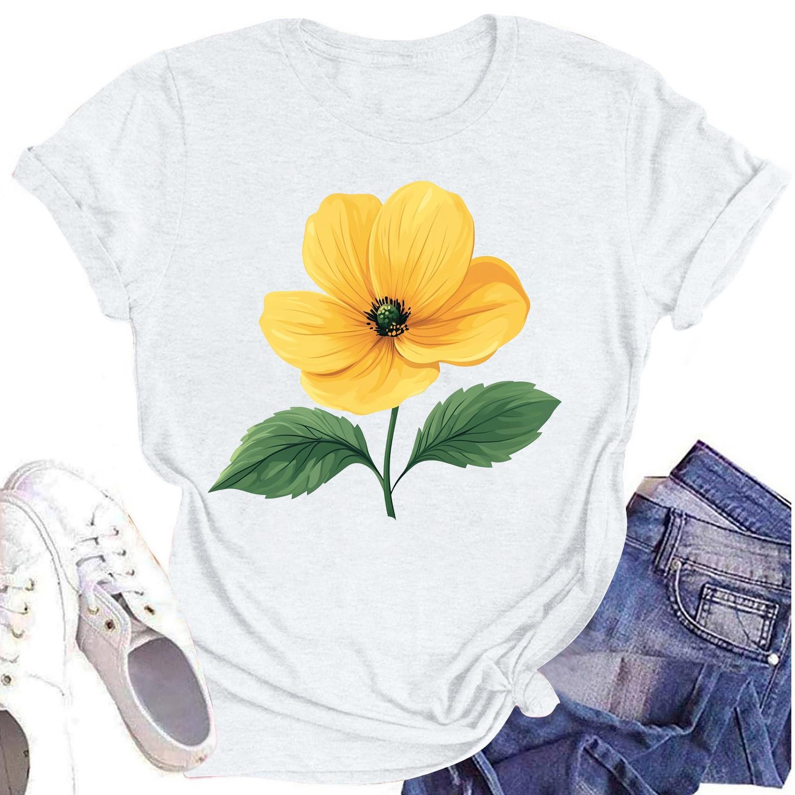 

Женская повседневная футболка с круглым вырезом и цветочным принтом, короткий рукав XL белый