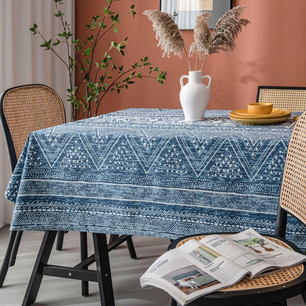 Imanqi Yun Blue Geometric Triangle Print Tribal Cotton Linen Tablecloth for Dining Table