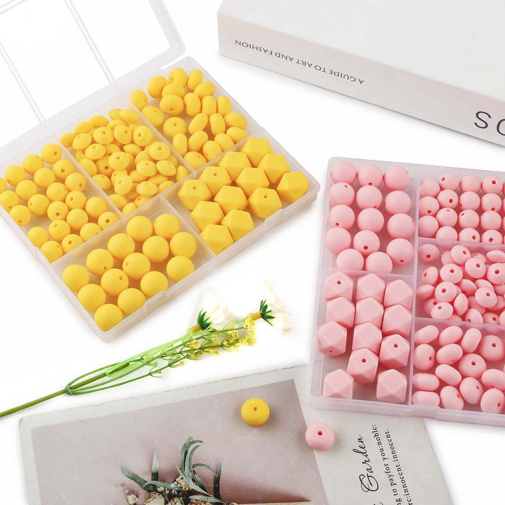 Kovict 110Pcs/Set Silicone Beads Round Lentil Hexagon Loose Bead For Jewelry Making DIY Necklace Bracelet Keychain Accessories