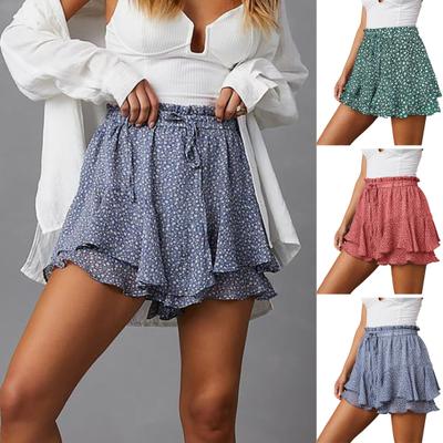 Women Shorts High-Waist Ruffled Mini Skirt Bohemian Floral Print Elastic Drawstring Waistband Chiffon Flowy Summer Shorts