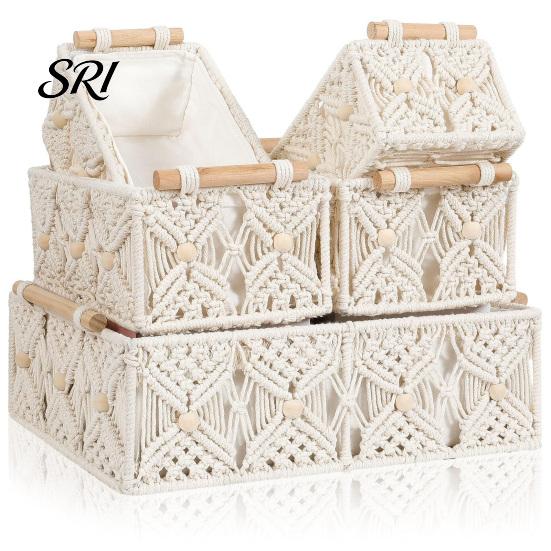 Neat Countertop Storage Box with Wooden Handles Large Capacity Basket Sturdy Frame Organizer Woven Design for Cosmetics And Sundries Space-saving