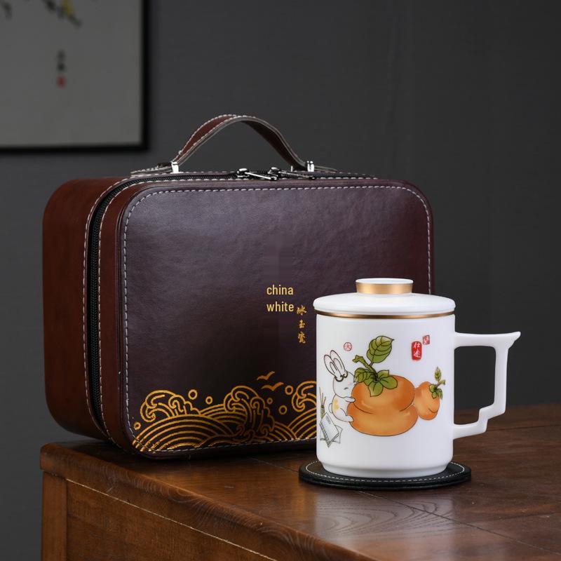 Handmade Mutton Fat Jade Porcelain Mug with Lid and Filter - Luxury Office Teacup