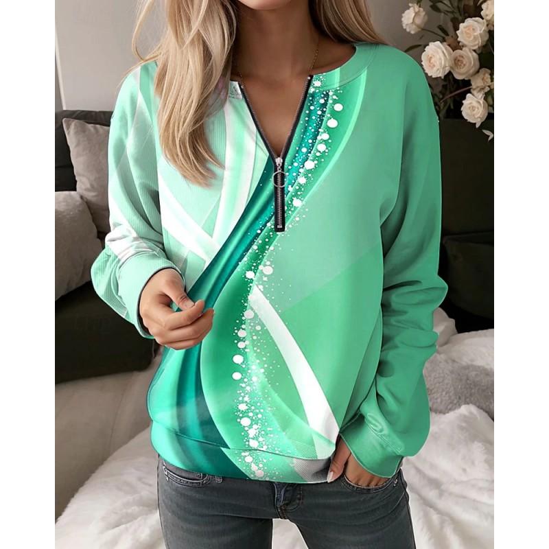 Womens V-Neck Half-Zip Long Sleeve Oversized Hoodie With Geometric Print Casual Comfort Fit 2025