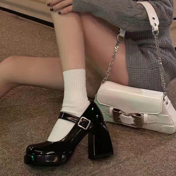 Thin Strap Round Head Shallow Mouth Single Shoes New College Style Thick Sole Small Leather Shoes Women Wear Thick Heel High Heels
