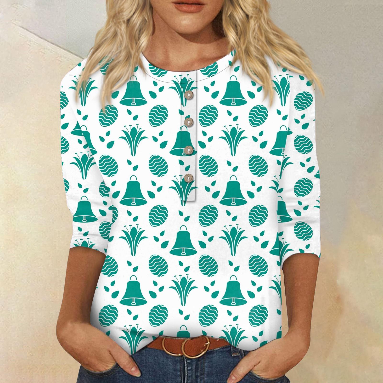 Женский модный топ на пуговицах с семиточечным рукавом и круглым вырезом с принтом — фото 9