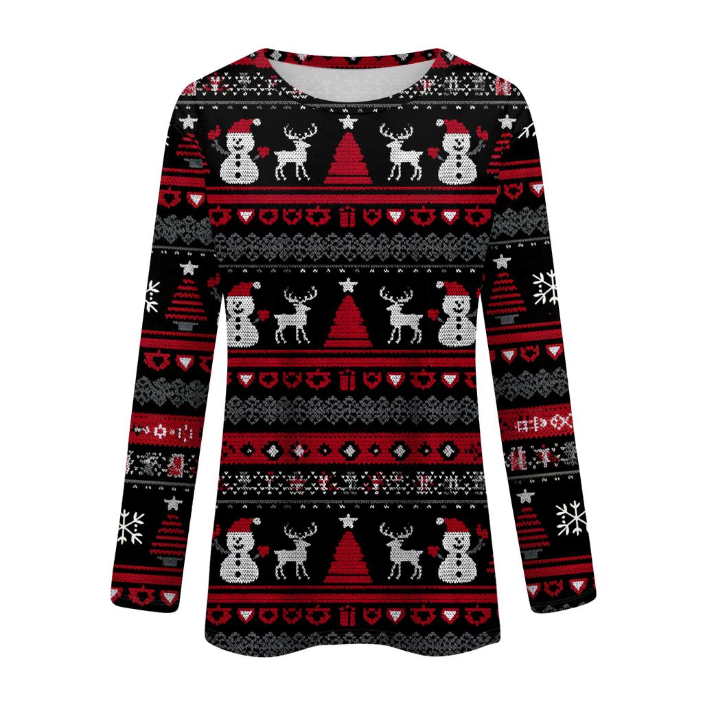 Women's Fashion Casual Long Sleeve Christmas Printed Round Neck Top