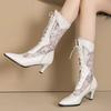 Autumn Spring Mid-calf Boots Women Fashion White Black Boot Elegant Lace Low Heels Lace-up Party Shoes for Girls Big Size 45 48