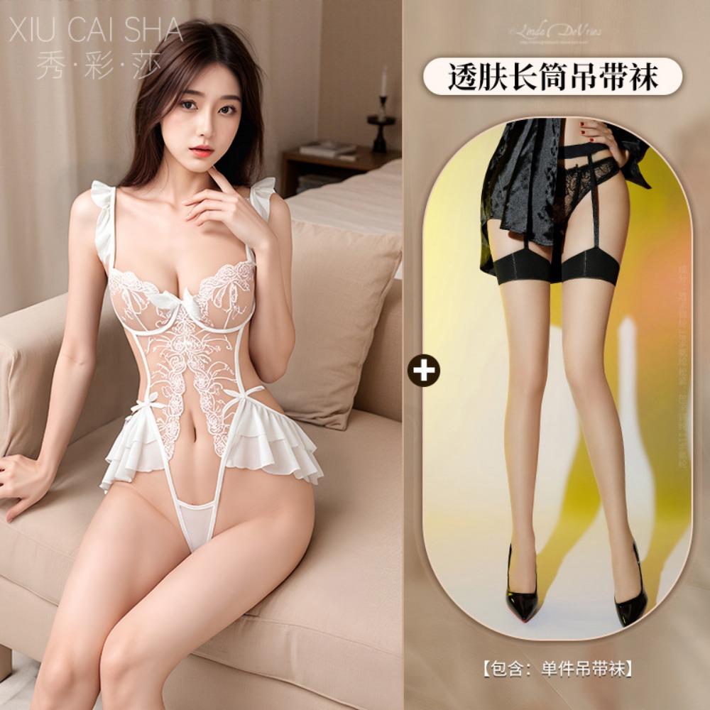 Embroidered Lace Onesie 2025 Sexy New Lingerie Seduction Passion Robe Small Chest Pajamas Women's Uniform