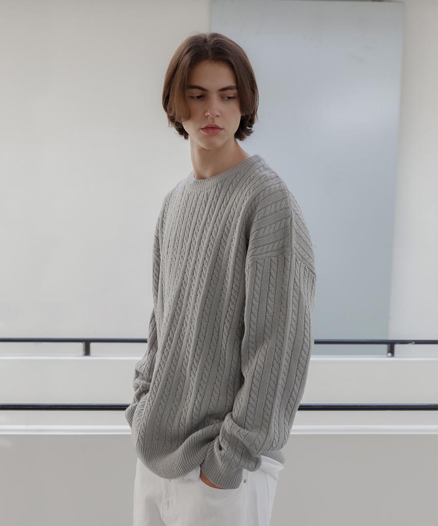 AGOD Crew Neck Oversized Cable Sweater Knit [Gray]