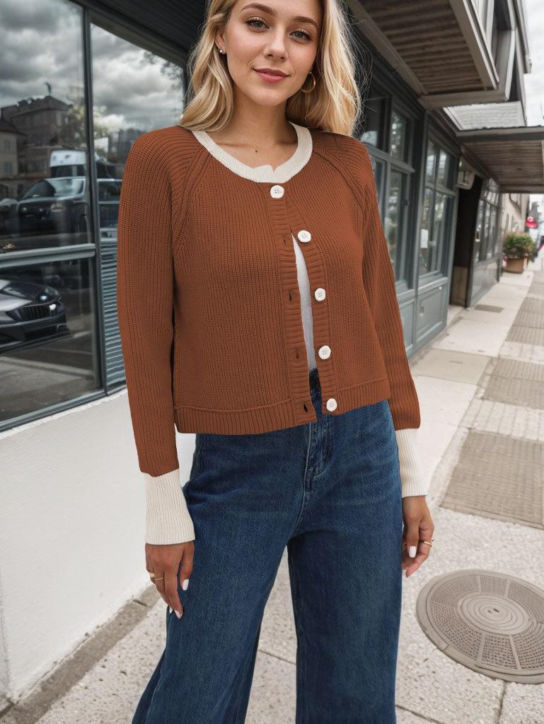 Ribbed Sweater Coat Women Color Block Knitted Cardigan Sweater Button-Up Round Neck Long Sleeve Casual Knitting Tops