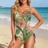 Swimsuit for Women Scoop Neck Adjustable Side Tie Bathing Suit with Tropical Floral Print Pattern Beachwear