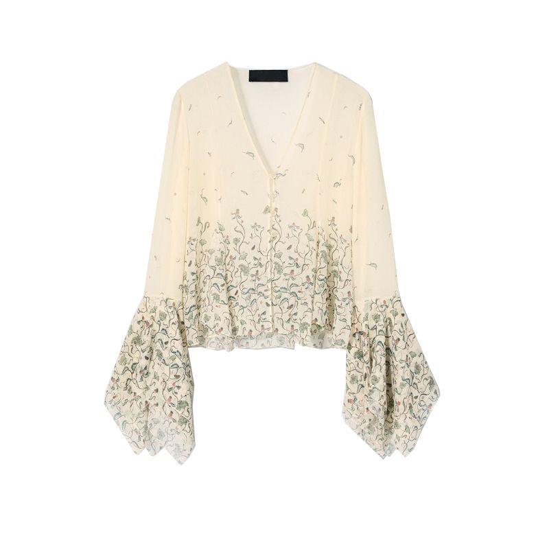 Summer New Product Women's Clothes Ins Style Laminated Decoration V Neck Long Sleeves Flower Print Shirt Tops 3752858