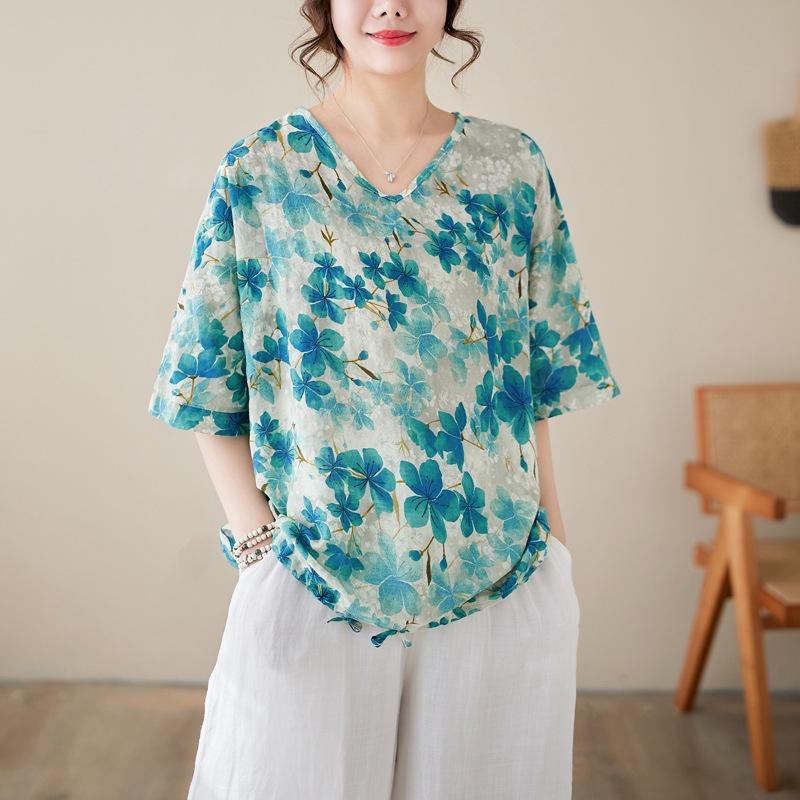Summer Printed Short-sleeved T-shirt V-neck Cotton and Linen Loose Large-size Women's Top T-shirt Cotton and Linen Shirt