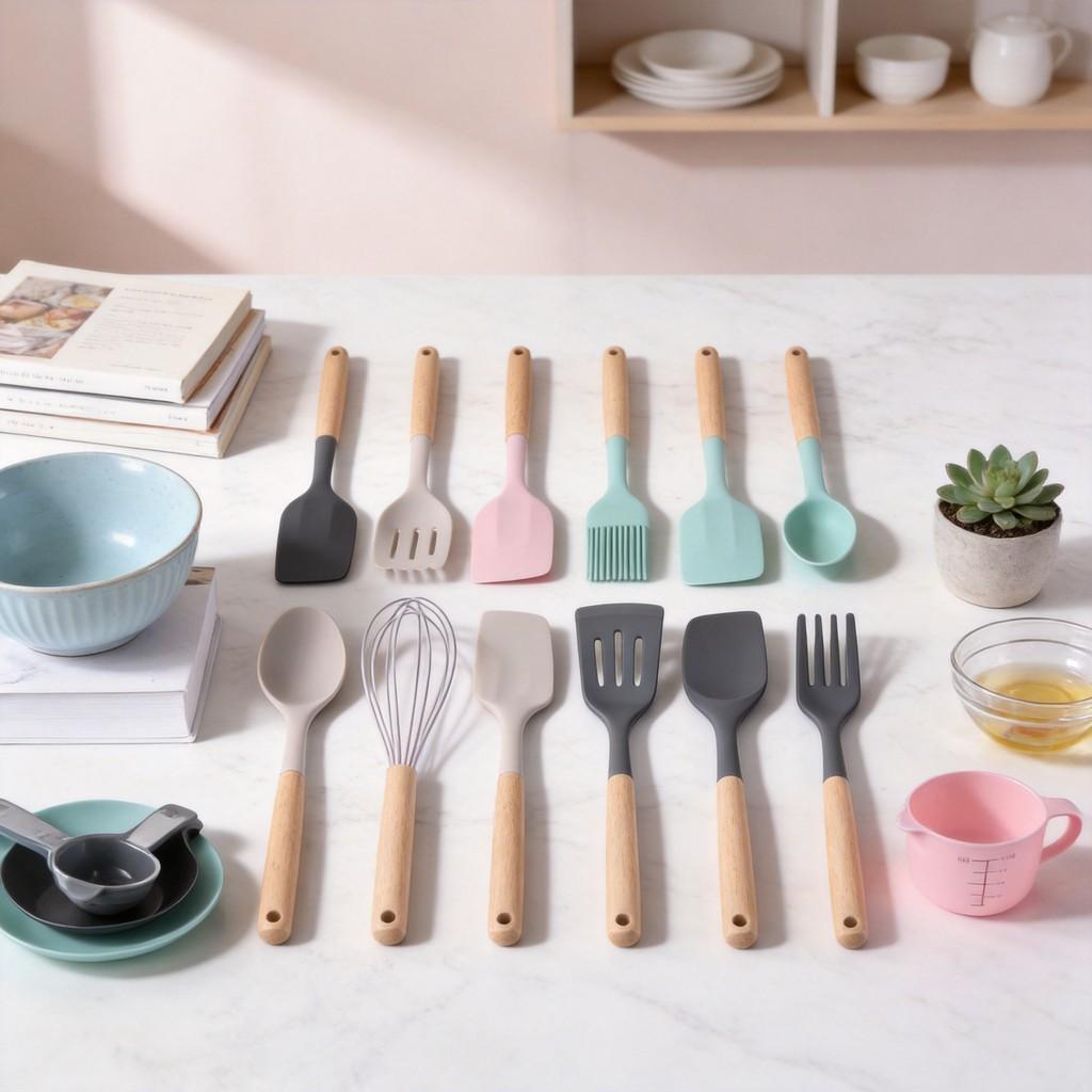 Silicone Kitchen Utensil Set With Wooden Handles For Cooking Nonstick Heatresistant For Home Use