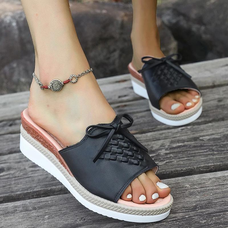 Fashion Fashion Bowtie Wedges Sandals for Women Summer 2025 Lightweight Non Slip Beach Shoes Woman Casual PU Leather Platform Slippers
