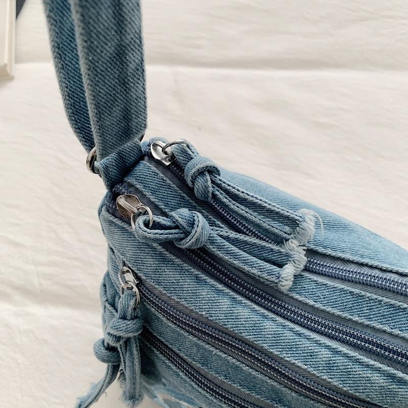 Vintage Denimtasche Damen Mehrschichtig Kleine Tasche Bestickt Schulter Crossbody-Tasche