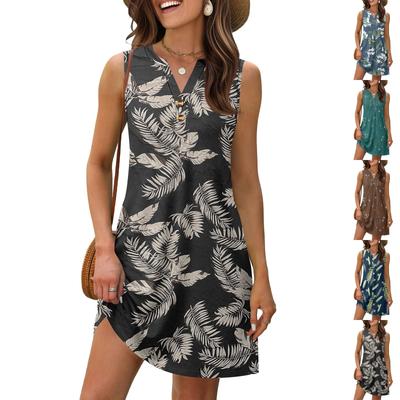 Ladies Fashion Vintage Floral Print V-neck Button-down Pocket Sundress Beach Resort Summer Dress