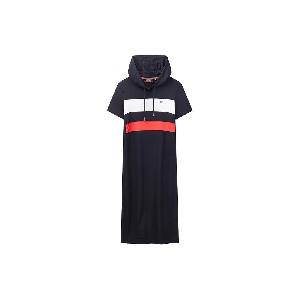FILA Color Block Spliced Sports Knit Hooded Short Sleeve Dress Women dresses Legendary-Blue F51W131307FNV