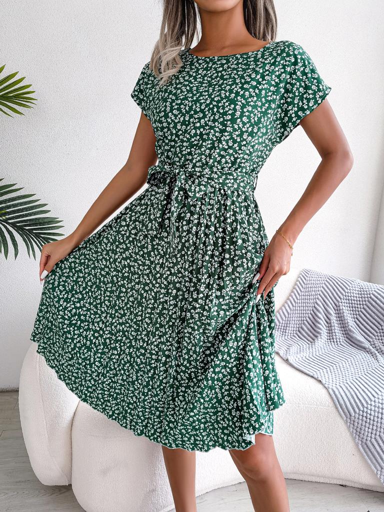 Fashion Floral Pleated A Line Long Dress Women Spring Summer Short Sleeve High Waist Chic Dress 2024 Casual Blue Bohemian Dress