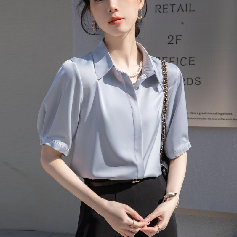 GMXIA Women's Blue Shirt Female Short-sleeved Summer Thin Professional Temperament Medium-sleeved Anti-wrinkle Non-iron Blouse Tops