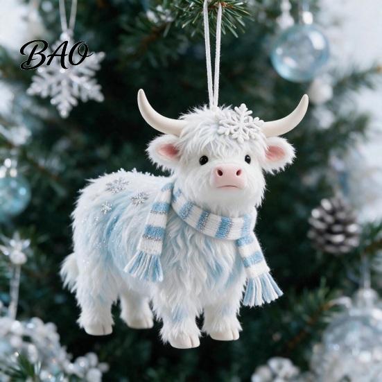 Lightweight Gifts for Friends Family Highland Yak Ornament Christmas Tree Hanging Decor, Cute 2D Flat Kids Room Decorations Acrylic Pendant with Gold