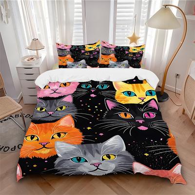 3Pcs Colorful Cats Printed Bedding Set, Breathable And Soft,(Includes 1 Duvet Cover And 2 Pillowcases, Quilt Not Included) Yy250815147