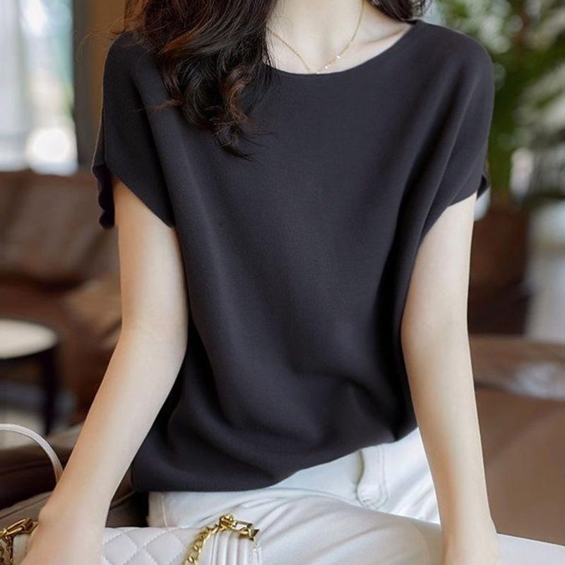 Summer Japanese and Korean Solid Color All-match Knitwear Women's Short-sleeved T-shirt Thin Loose Bat-sleeved Western Style Top