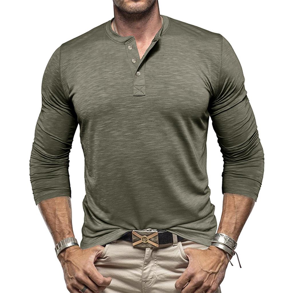 Men's Solid Color Casual Sports Round Neck Button Trendy Slim Fit Long Sleeve Top
