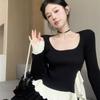 Square Neck Long Sleeve Knit Top for Plus Size Women - Early Spring Irregular Ruffle Chic Shirt