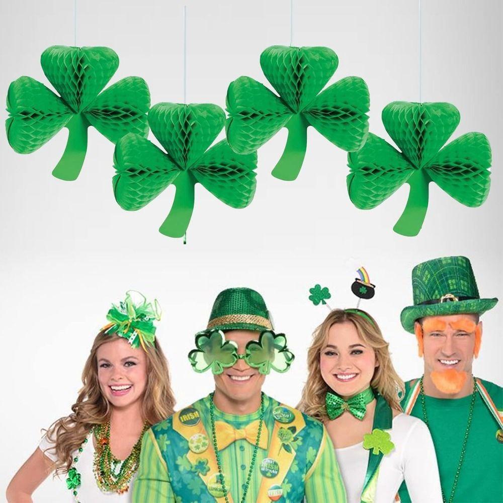 5Pcs Green Clover Honeycomb Hanging Pendant Paper Honeycomb Hanging Ornament  for Home