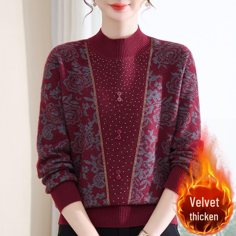 Elegant Knit Top for Middle-Aged & Elderly Women - Autumn/Winter Half-High Collar with Fleece Lining