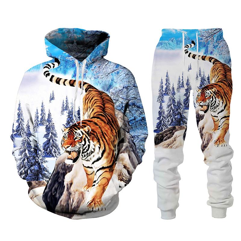 Tier Tiger 3D-gedrucktes Herren-Trainingsanzug-Set Lässiger Hoodie und Hose 2-teilige Sets Herbst Winter Mode Streetwear Herrenbekleidung Anzug