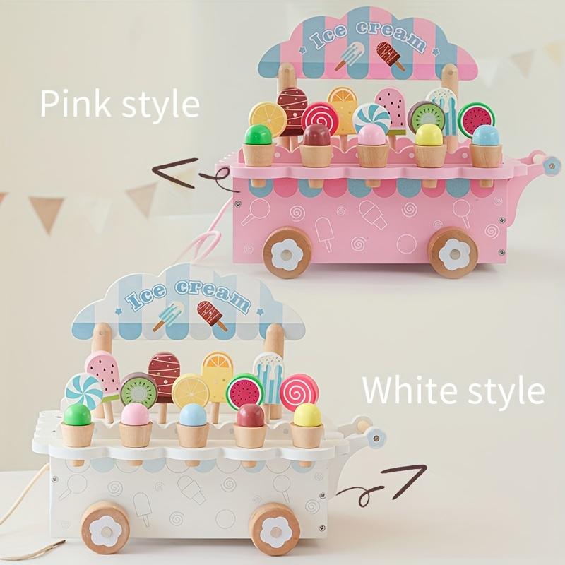 Wooden Pretend Play Ice Cream Truck, Dessert Shop Role Playing Toy Photography Props, Game Room Decorations,8 Ice Cream Stands and 4 Accessories,