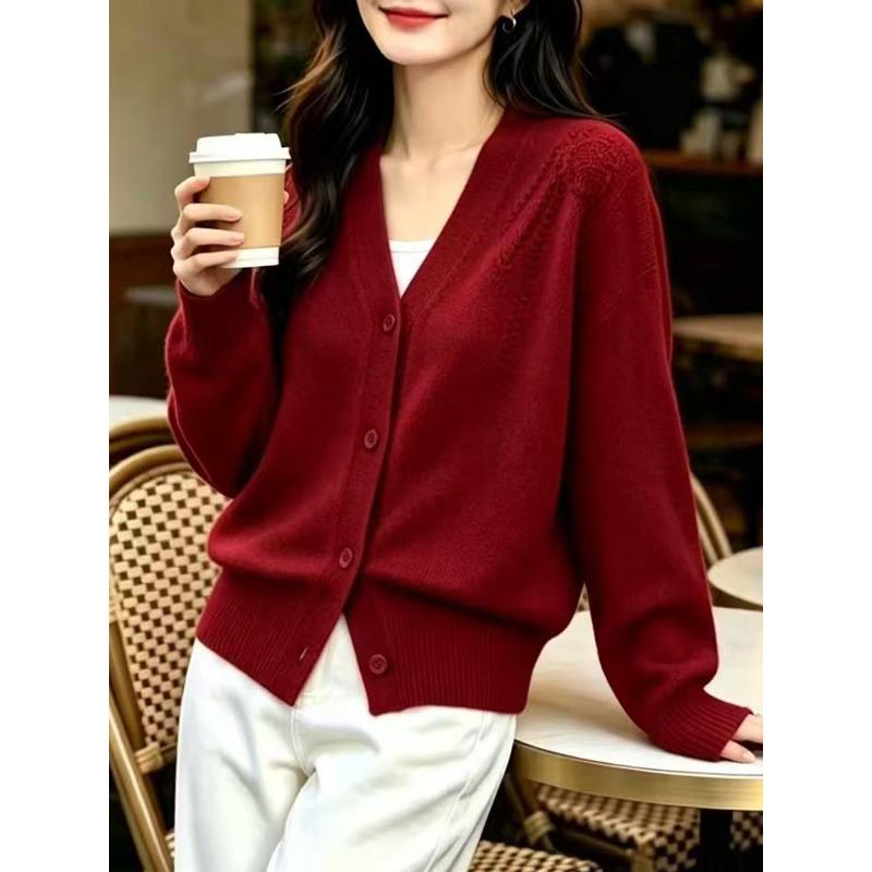 TIFICY Women's Fashion Casual Fall Winter Solid Color Print Long Sleeve V-Neck Sweaters