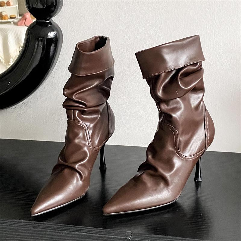 Fashion Eilyken Autumn Winter Pleated Women Ankle Boots Sexy Thin High Heels Pointed Toe Shoes Modern Short Botas Para Mujer