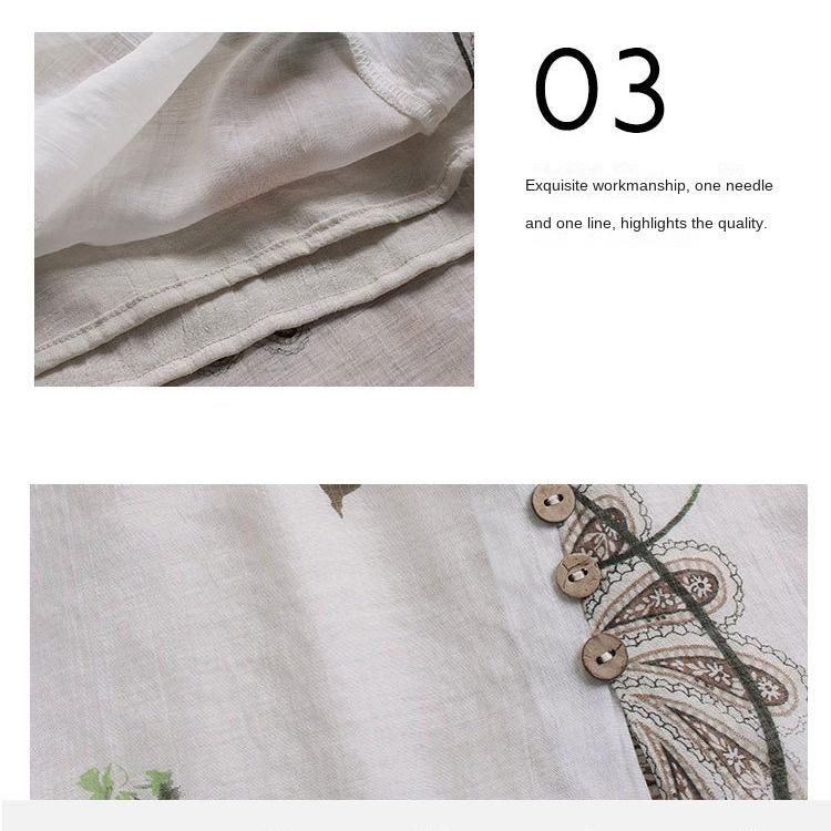 V-neck Floral Dress Spring Cotton and Linen Loose plus Size Women's Clothing Shirt Top