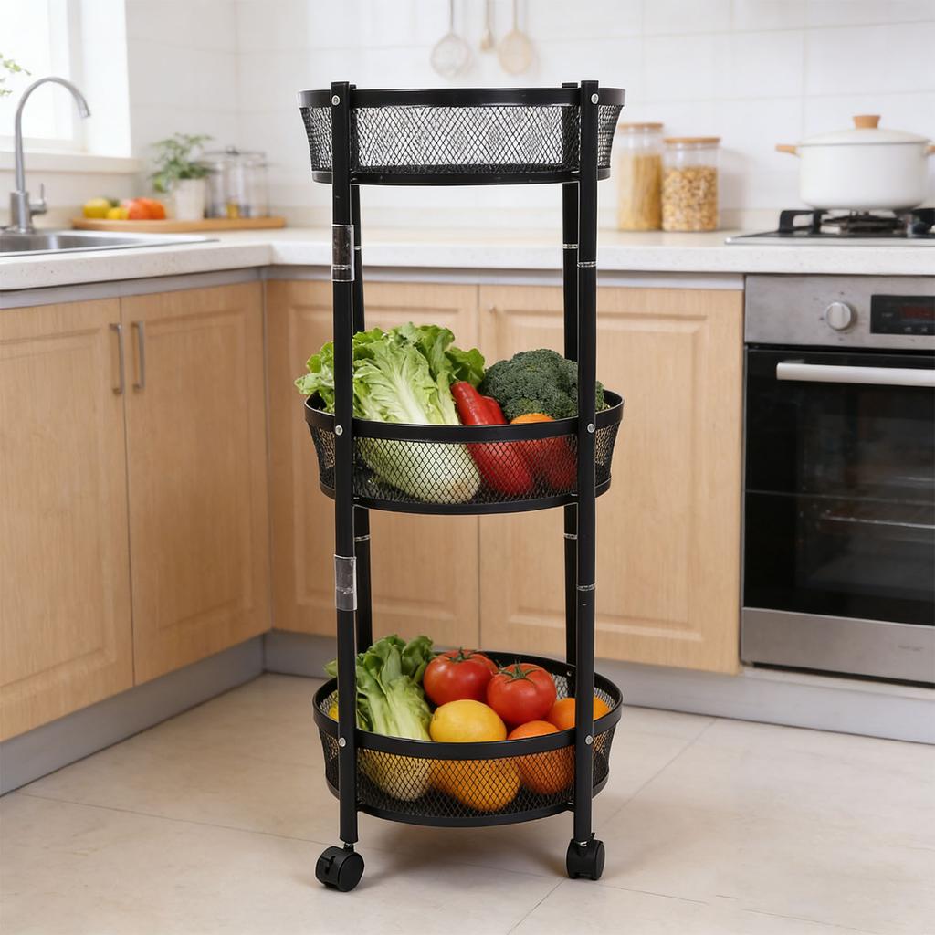 Carrito de Servicio Metálico Giratorio de 3 Niveles Multifuncional Plegable Redondo de Almacenamiento Carrito para Cocina