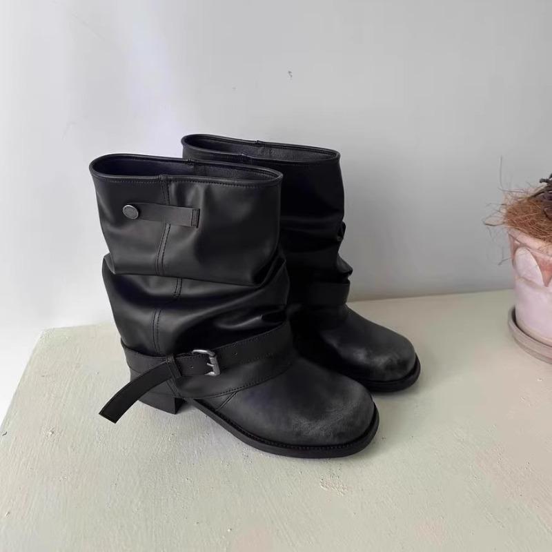 Fashion New Style Round Toe Belt Buckle Women Boots Fashion Flat Sole Mid Calf Autumn Niche Design Patent Leather Soid Women Shoes