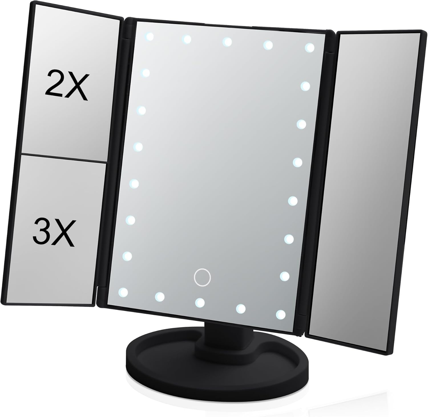 

Складное регулируемое зеркало с 2-кратным и 3-кратным увеличением, бесступенчатым хранением и черным трехсторонним зеркалом, настольное, угловое и из стекла высокой четкости, с регулировкой яркости, основанием, подсветкой, чёрный