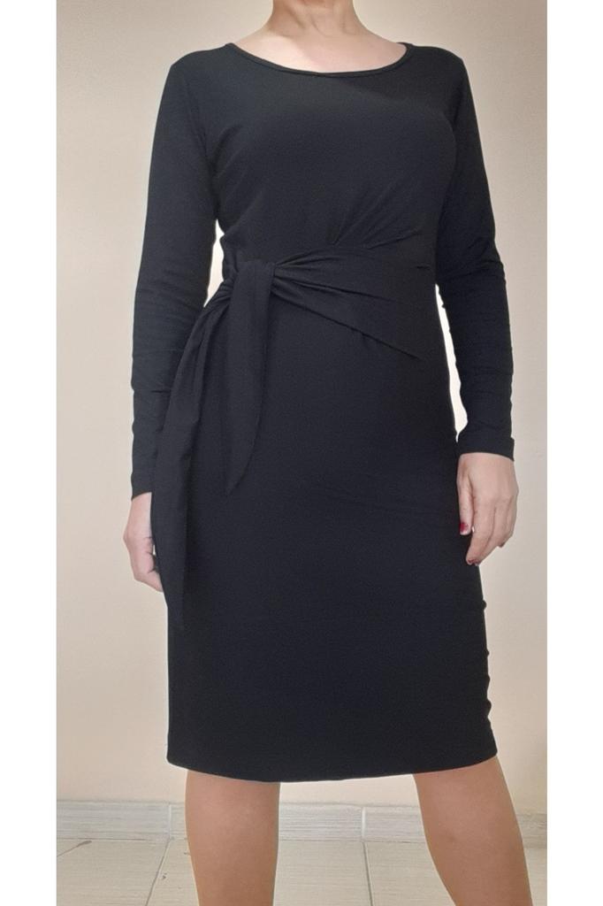 Women's Big Size Dress Side Draped Tie Black Below Knee Combed Viscose Pencil Dress