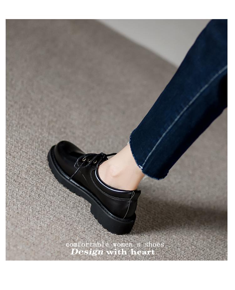 British Style Round Toe Women's Workplace Loafers - Lace-up, Thick Sole, Mid-Heel Leather Shoes