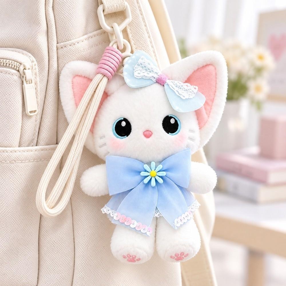Lace Bowknot Plush Cat Keychain Soft Desk Mascot Charm Sweet Bag Accessory Desktop Decor