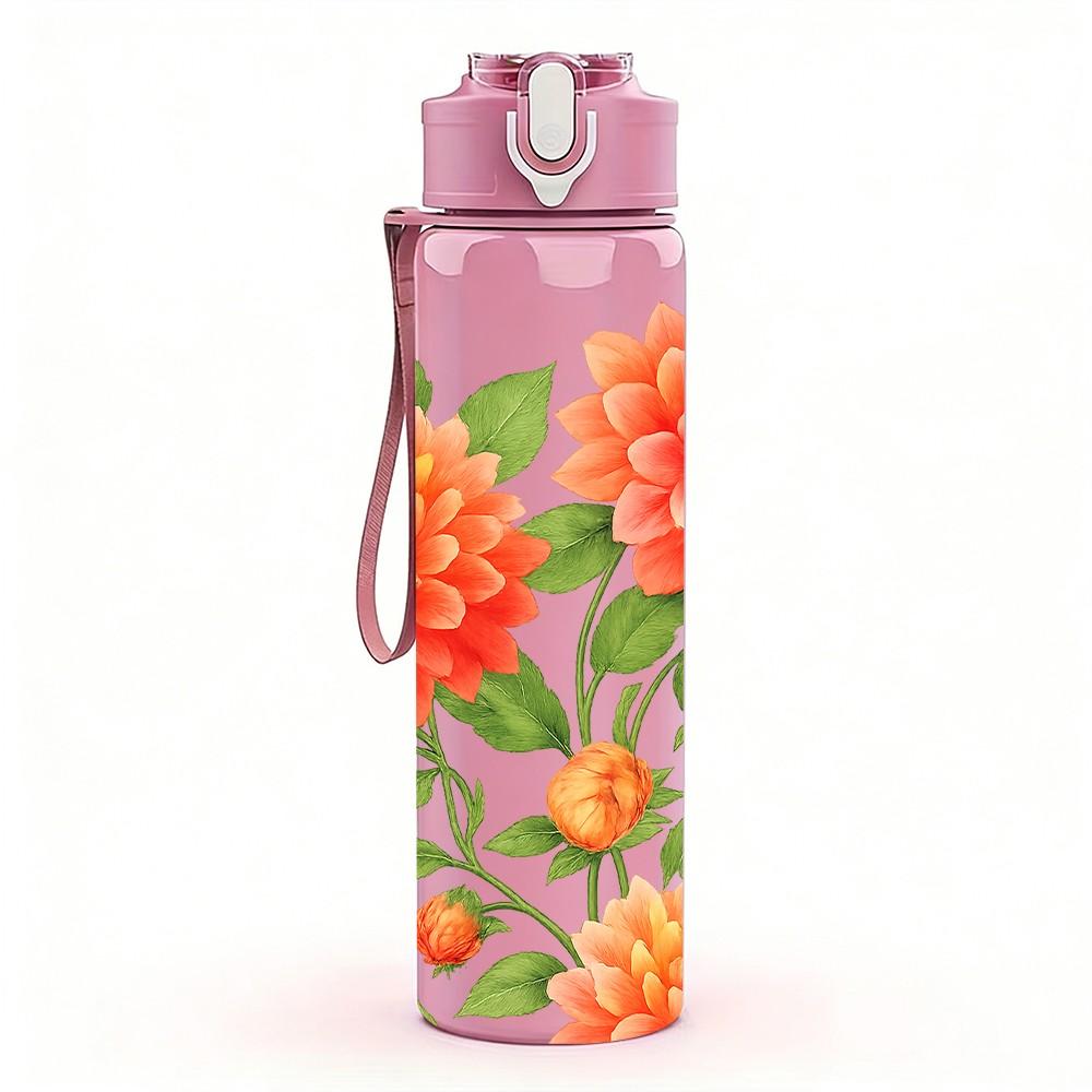 1PC Bright Orange Red Peony Flower Print 750ml Color Plastic Sports Water Bottle Leakproof Flip Straw Lid Suitable for Sports Office Home Use