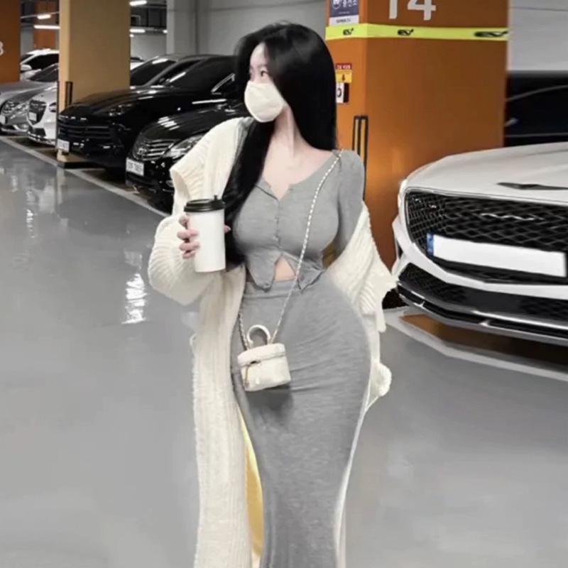 Korean Dongdaemun Sexy Long Sleeve Cardigan & Fishtail Skirt Set for Women